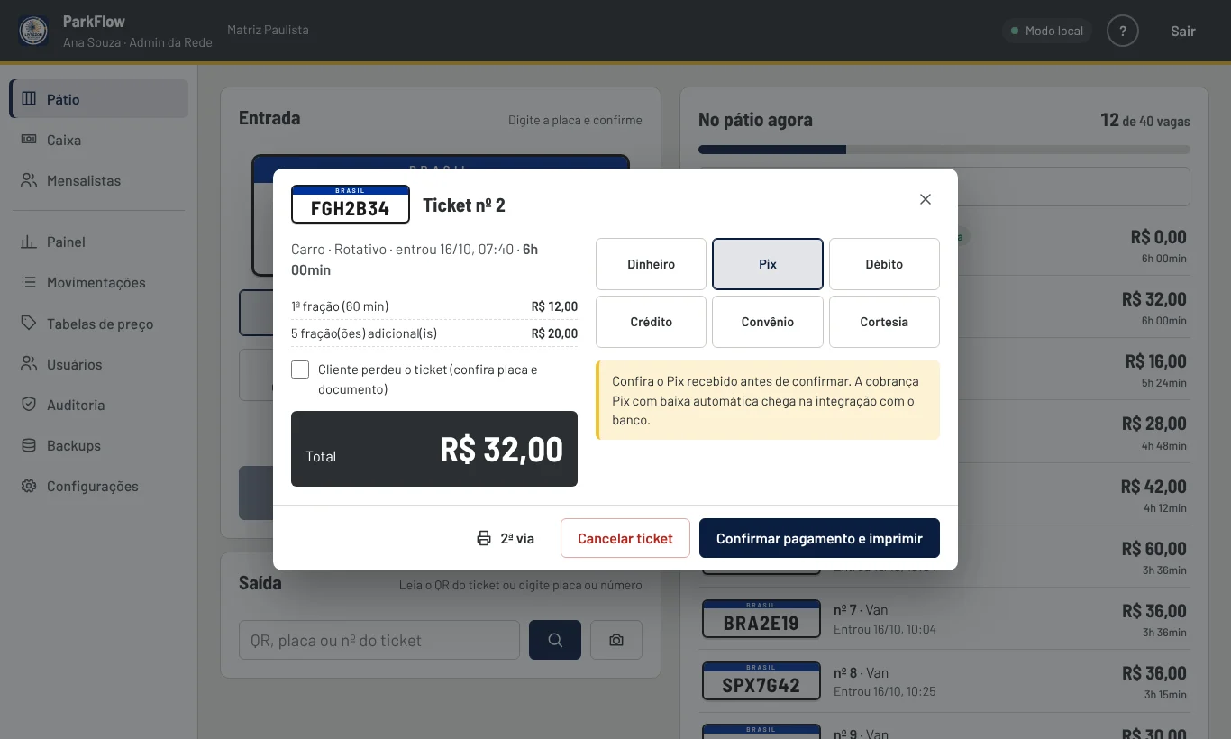 Tela de saída com cálculo do valor e formas de pagamento no ParkFlow